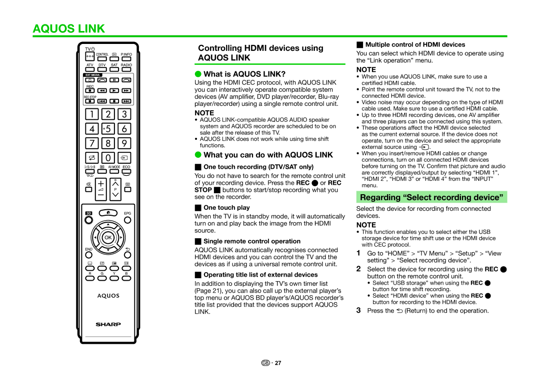 Sharp LC-60LE740RU, LC-70LE740E Controlling Hdmi devices using, Regarding Select recording device, What is Aquos LINK? 