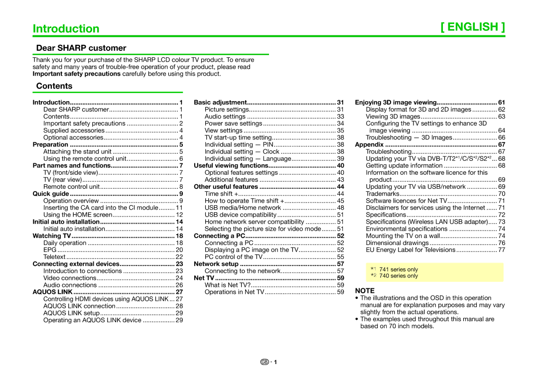 Sharp LC-60LE740E, LC-70LE740E, LC-70LE740RU, LC-70LE741E, LC-70LE741S Introduction, Dear Sharp customer, Contents 