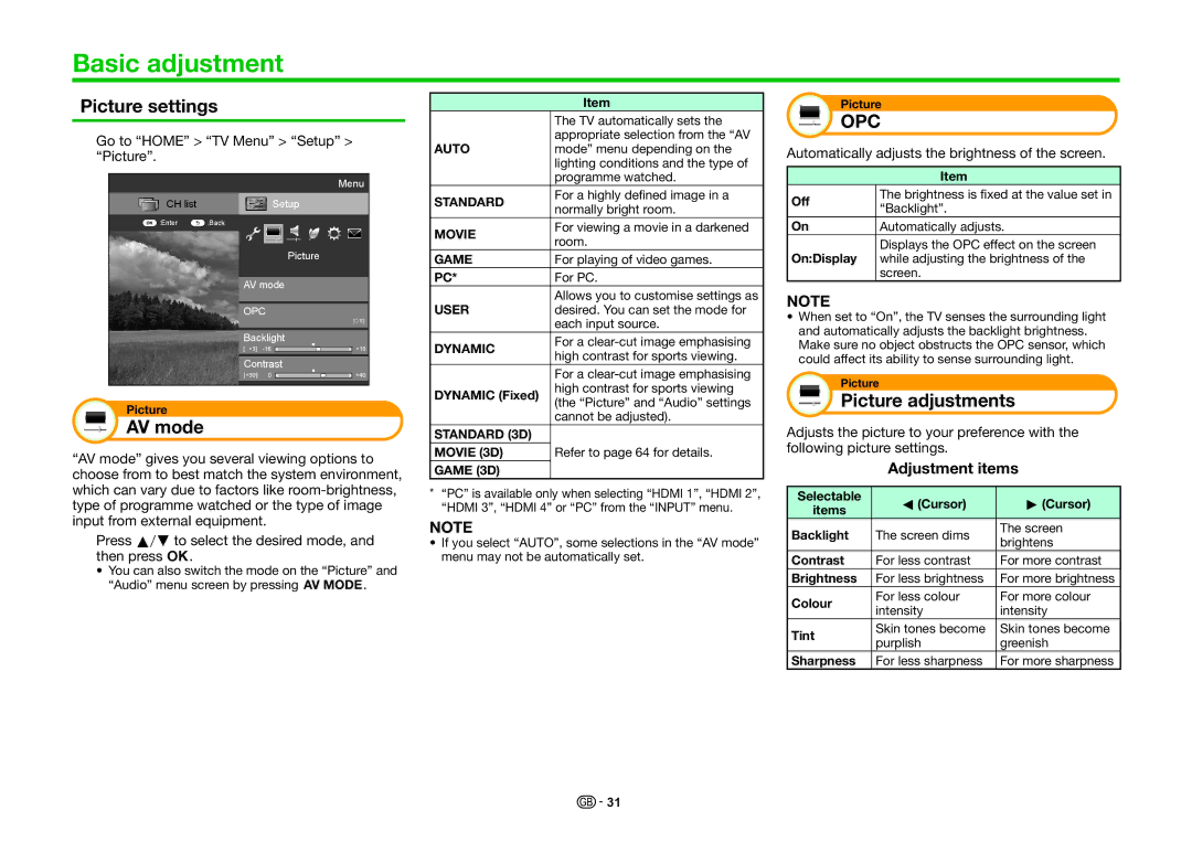 Sharp LC-70LE740RU, LC-70LE740E Basic adjustment, Picture settings, AV mode, Picture adjustments, Adjustment items 