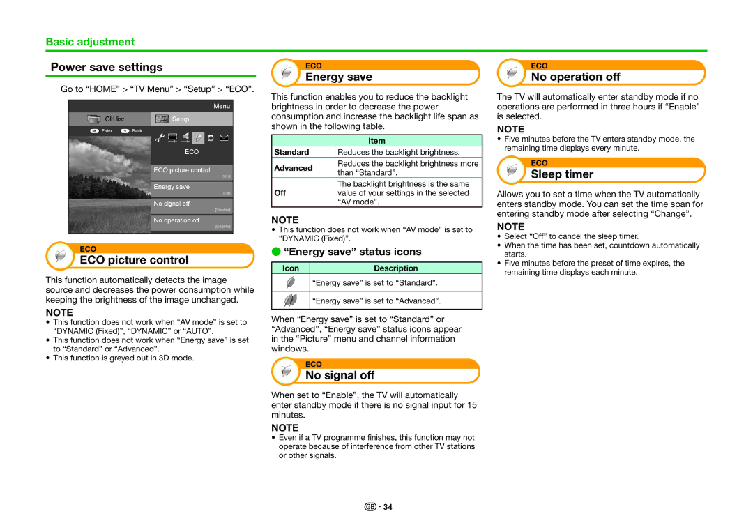 Sharp LC-70LE741S Power save settings, ECO picture control, Energy save, No signal off, No operation off, Sleep timer 