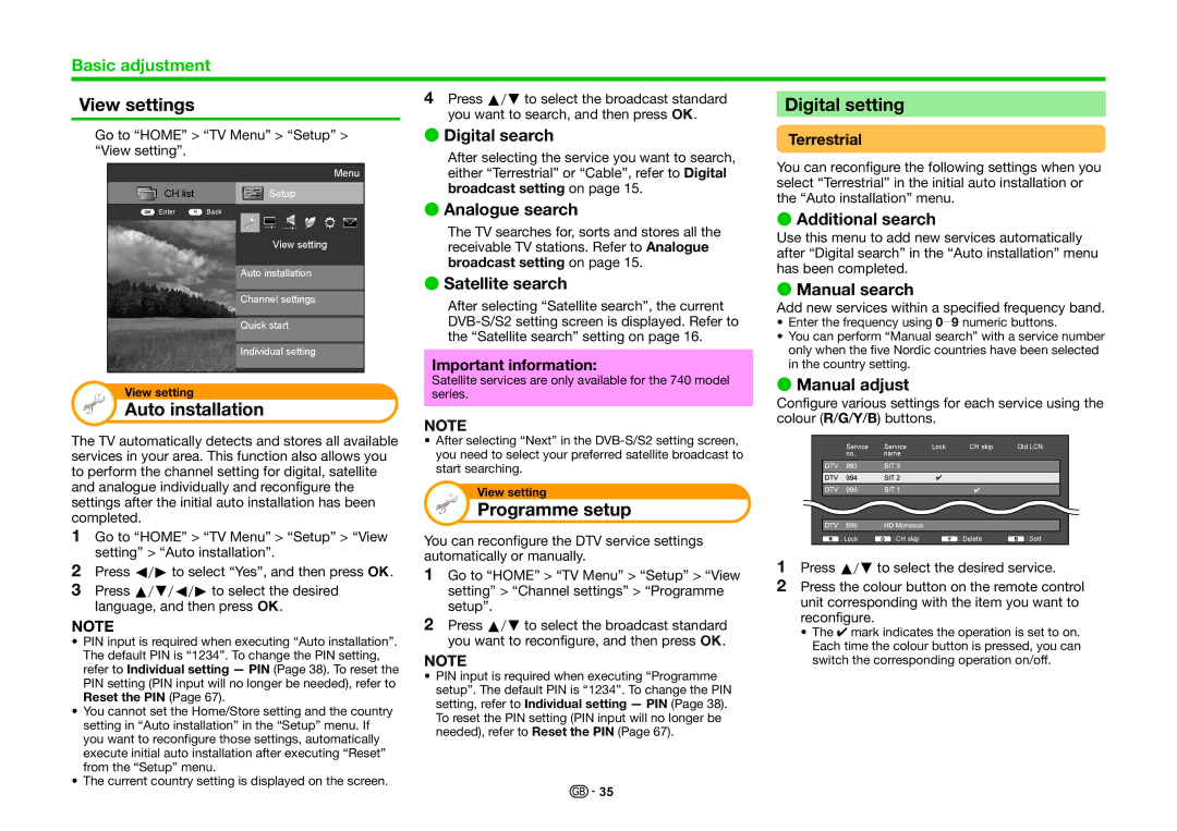 Sharp LC-60LE740RU, LC-70LE740E, LC-70LE740RU View settings, Digital setting, Auto installation, Programme setup 