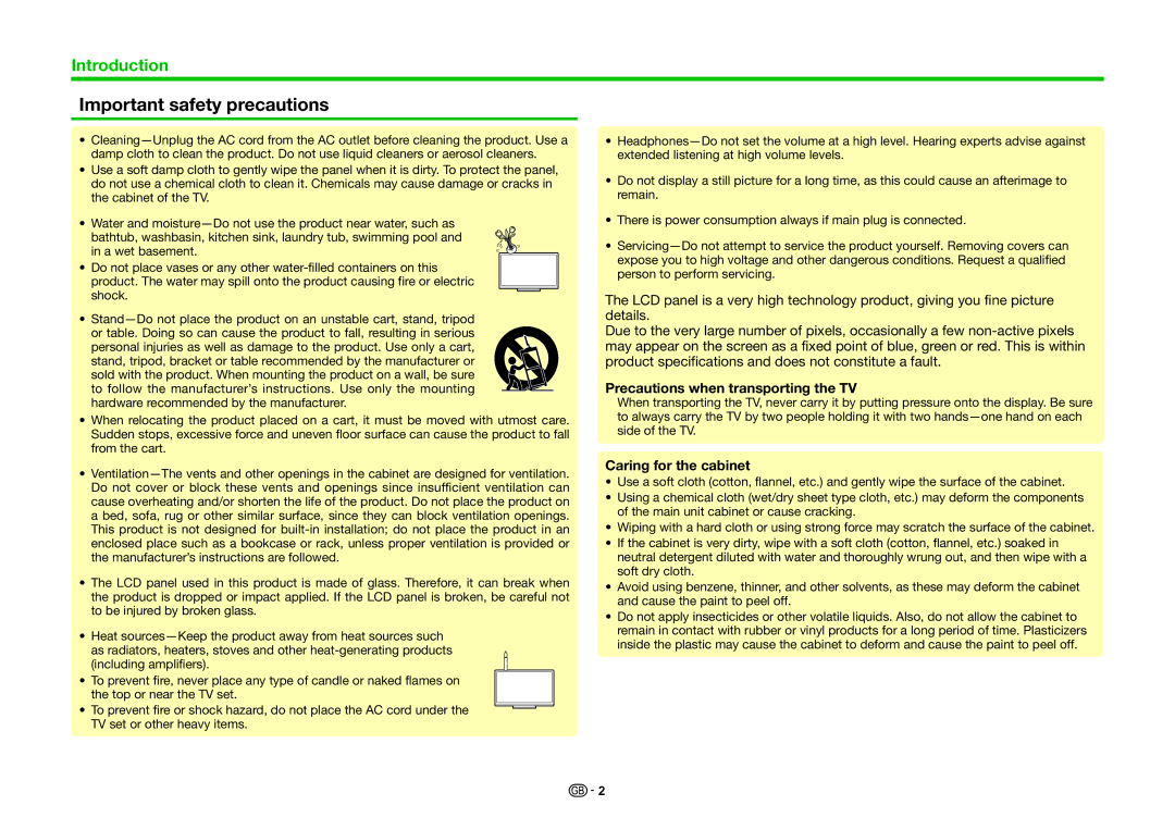 Sharp LC-70LE741S, LC-70LE740E Important safety precautions, Precautions when transporting the TV, Caring for the cabinet 