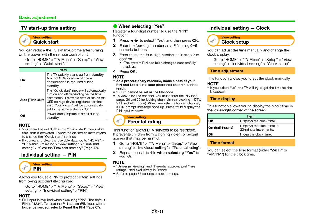 Sharp LC-70LE740E TV start-up time setting, Individual setting Clock, Quick start Clock setup, Parental rating 