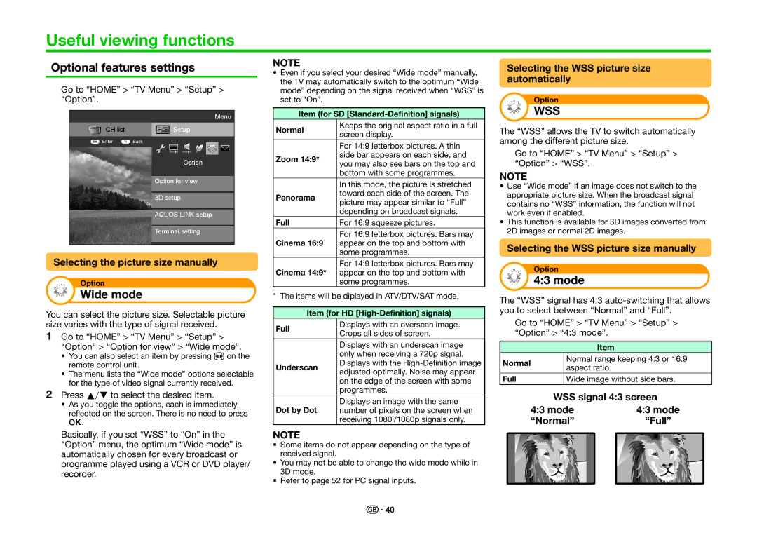 Sharp LC-70LE741E, LC-70LE740E, LC-70LE740RU Useful viewing functions, Optional features settings, Wide mode, Mode 