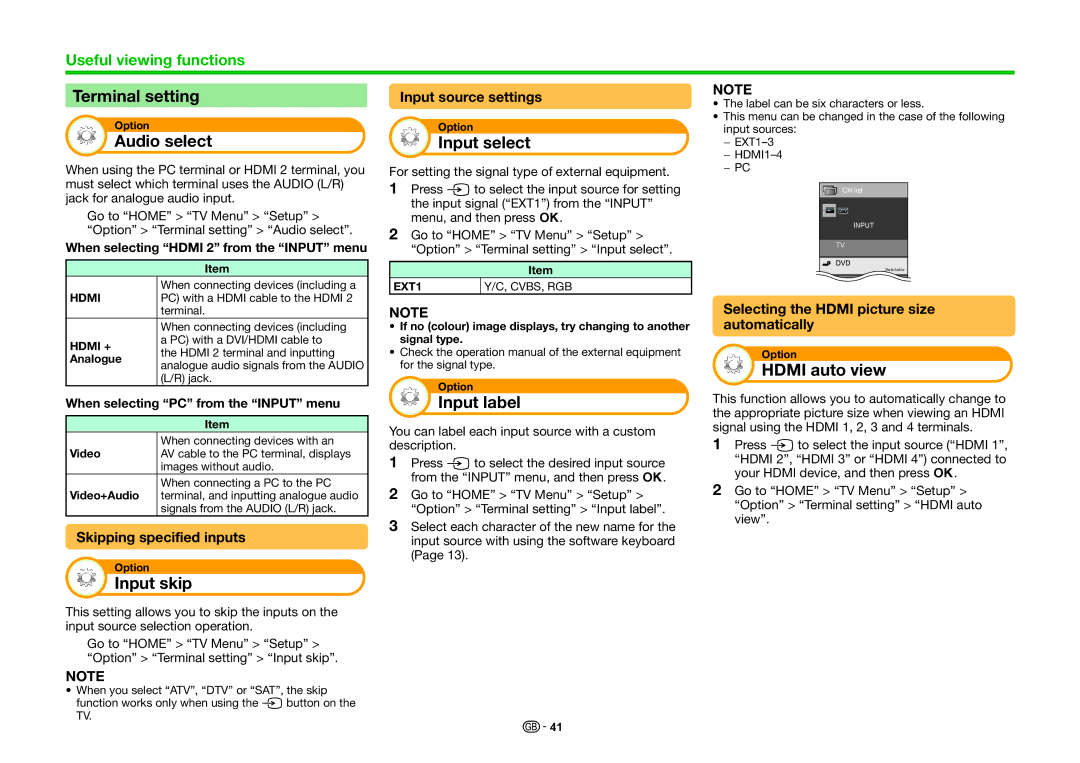 Sharp LC-60LE740E, LC-70LE740E Terminal setting, Audio select, Input skip, Input select, Input label, Hdmi auto view 