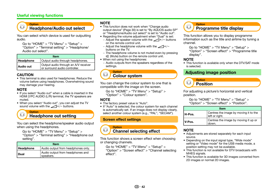 Sharp LC-70LE741S Headphone/Audio out select, Headphone out setting, Colour system, Channel selecting effect, Position 