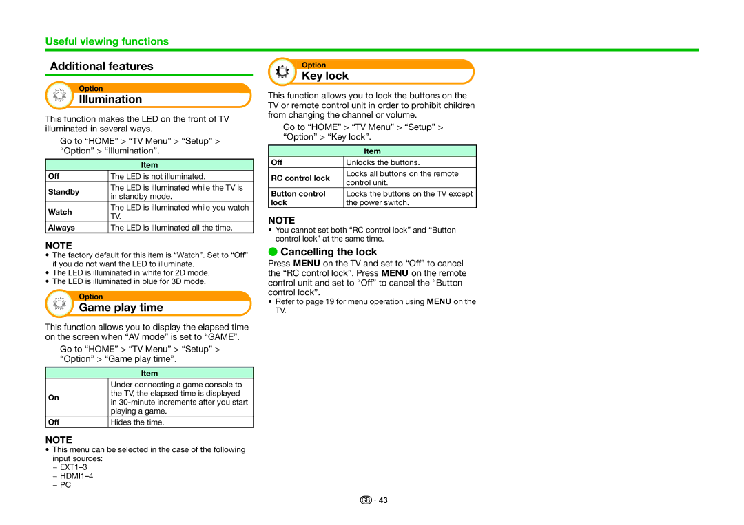 Sharp LC-60LE740RU, LC-70LE740E Additional features, Illumination, Game play time, Key lock, Cancelling the lock 
