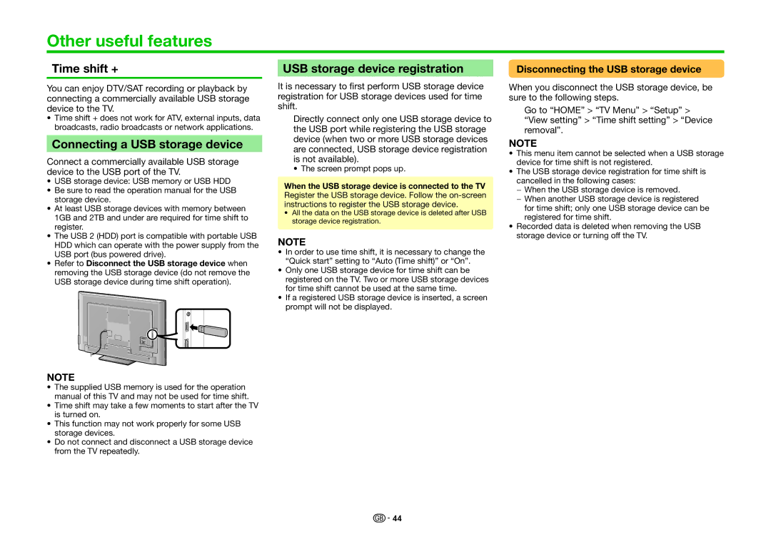 Sharp LC-60LE741S Other useful features, Time shift +, Connecting a USB storage device, USB storage device registration 