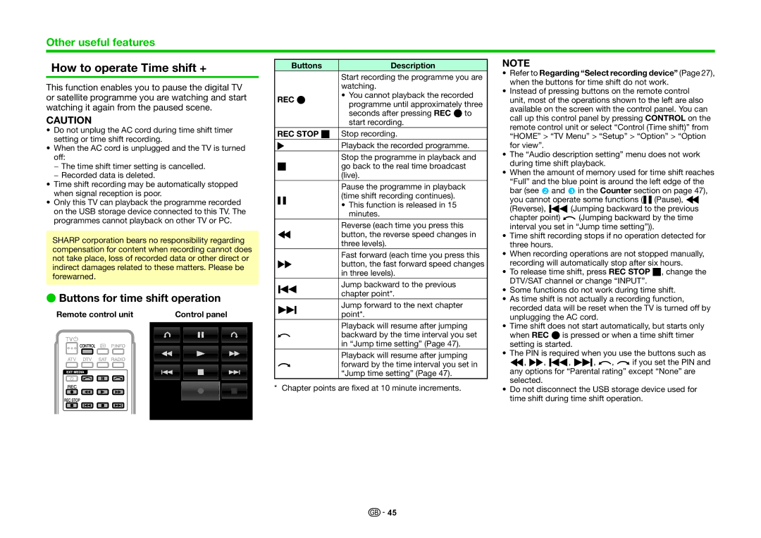 Sharp LC-60LE741E, LC-70LE740E How to operate Time shift +, Buttons for time shift operation, Rec E, REC Stop H 