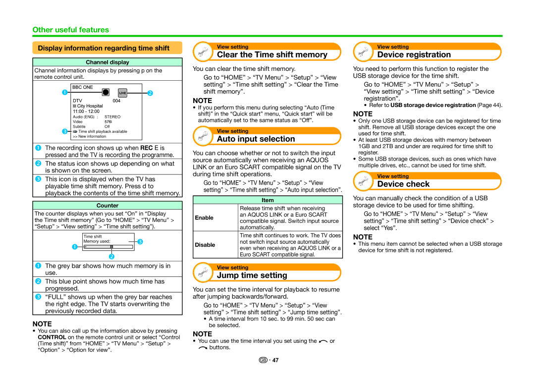 Sharp LC-70LE740RU Clear the Time shift memory, Auto input selection, Jump time setting, Device registration, Device check 
