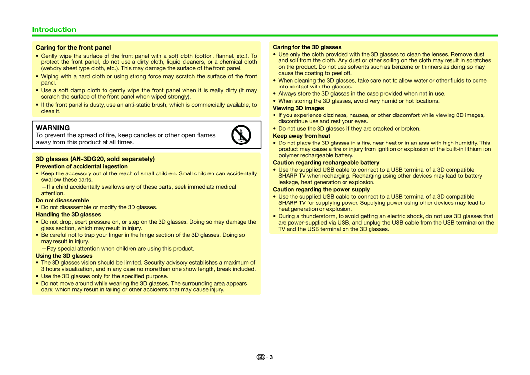 Sharp LC-60LE740RU, LC-70LE740E, LC-70LE740RU, LC-70LE741E Caring for the front panel, 3D glasses AN-3DG20, sold separately 