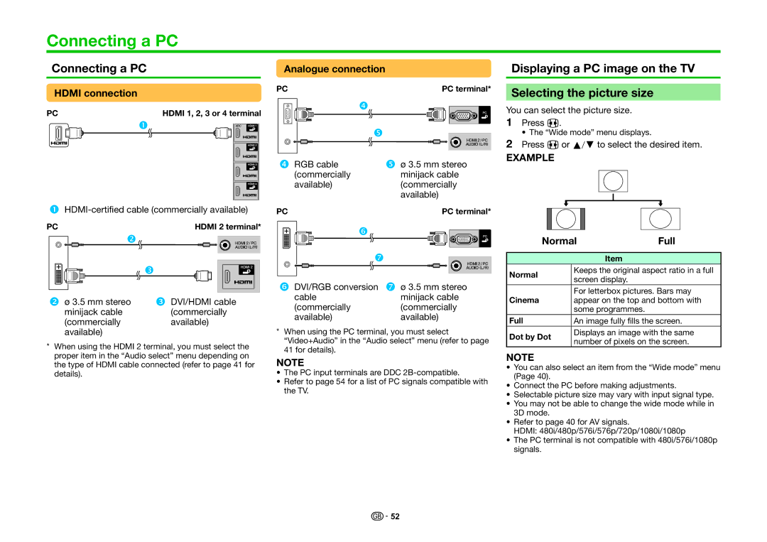 Sharp LC-60LE741S, LC-70LE740E, LC-70LE740RU Connecting a PC, Displaying a PC image on the TV Selecting the picture size 