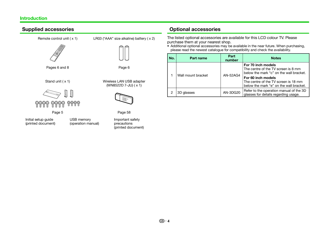 Sharp LC-60LE741S Supplied accessories, Optional accessories, Part name Number For 70 inch models, For 60 inch models 