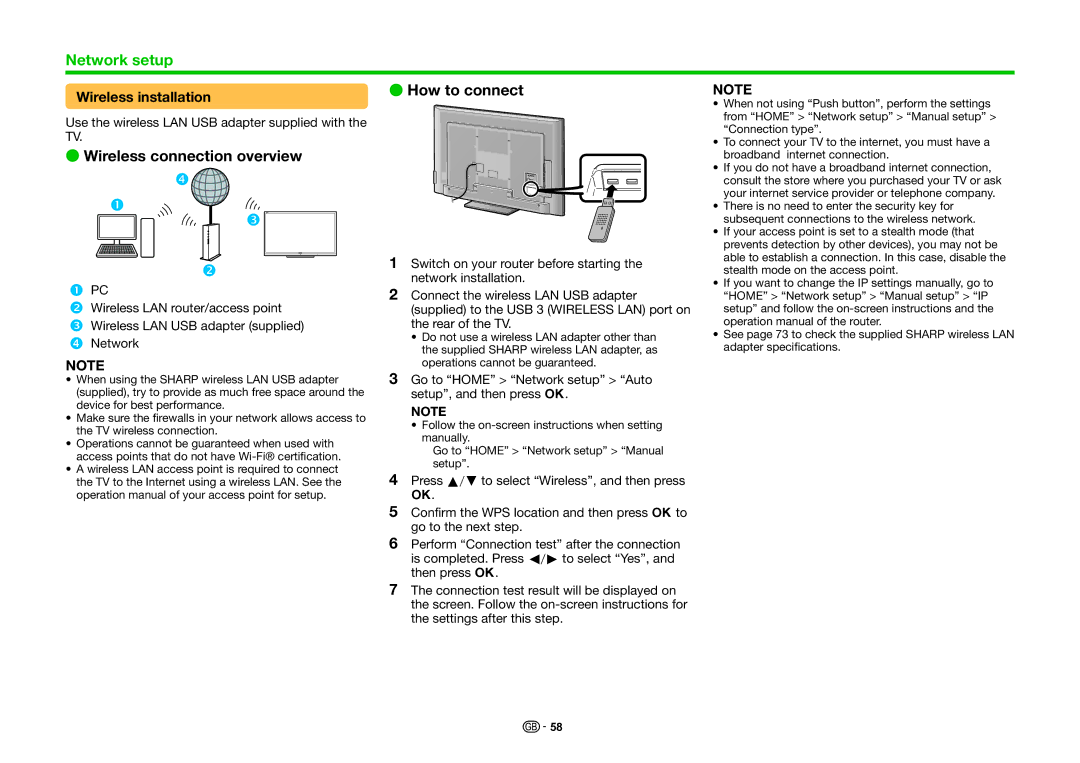 Sharp LC-70LE741S, LC-70LE740E, LC-70LE740RU, LC-70LE741E, LC-60LE740E Wireless connection overview, Wireless installation 