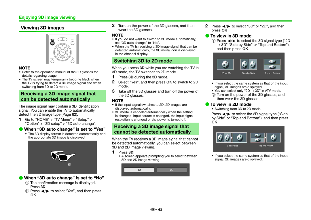 Sharp LC-70LE740RU, LC-70LE740E, LC-70LE741E Viewing 3D images, Switching 3D to 2D mode, Receiving a 3D image signal that 