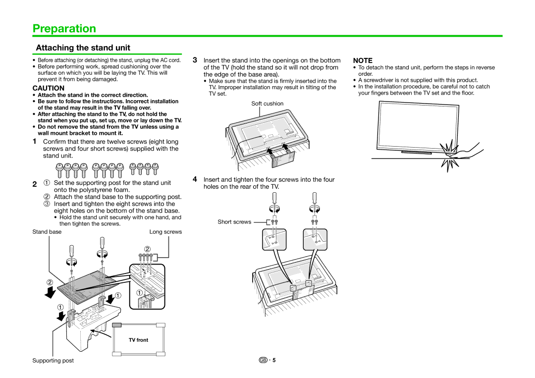 Sharp LC-60LE741E, LC-70LE740E Preparation, Attaching the stand unit, Attach the stand in the correct direction 