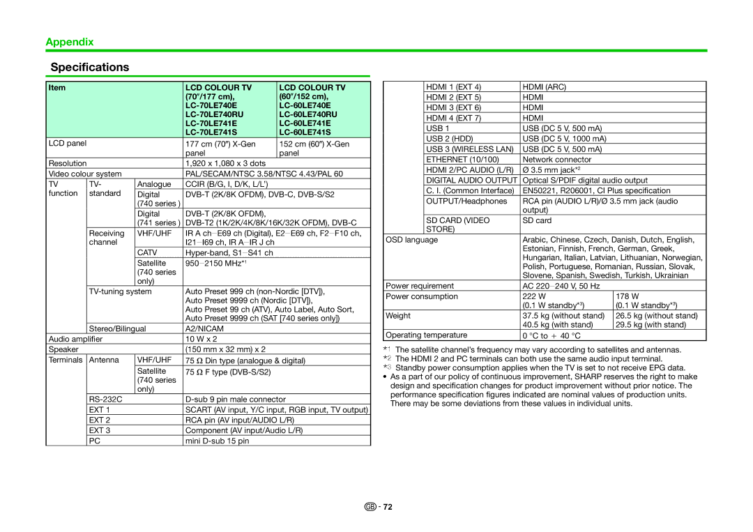Sharp LC-70LE741E, LC-70LE740E, LC-70LE740RU, LC-60LE740E, LC-70LE741S, LC-60LE740RU, LC-60LE741S Specifications, LCD Colour TV 