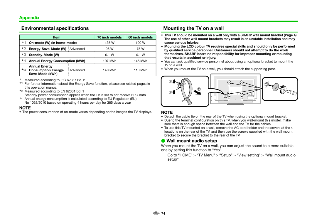 Sharp LC-70LE741S, LC-70LE740E, LC-70LE741E Environmental specifications, Mounting the TV on a wall, Wall mount audio setup 