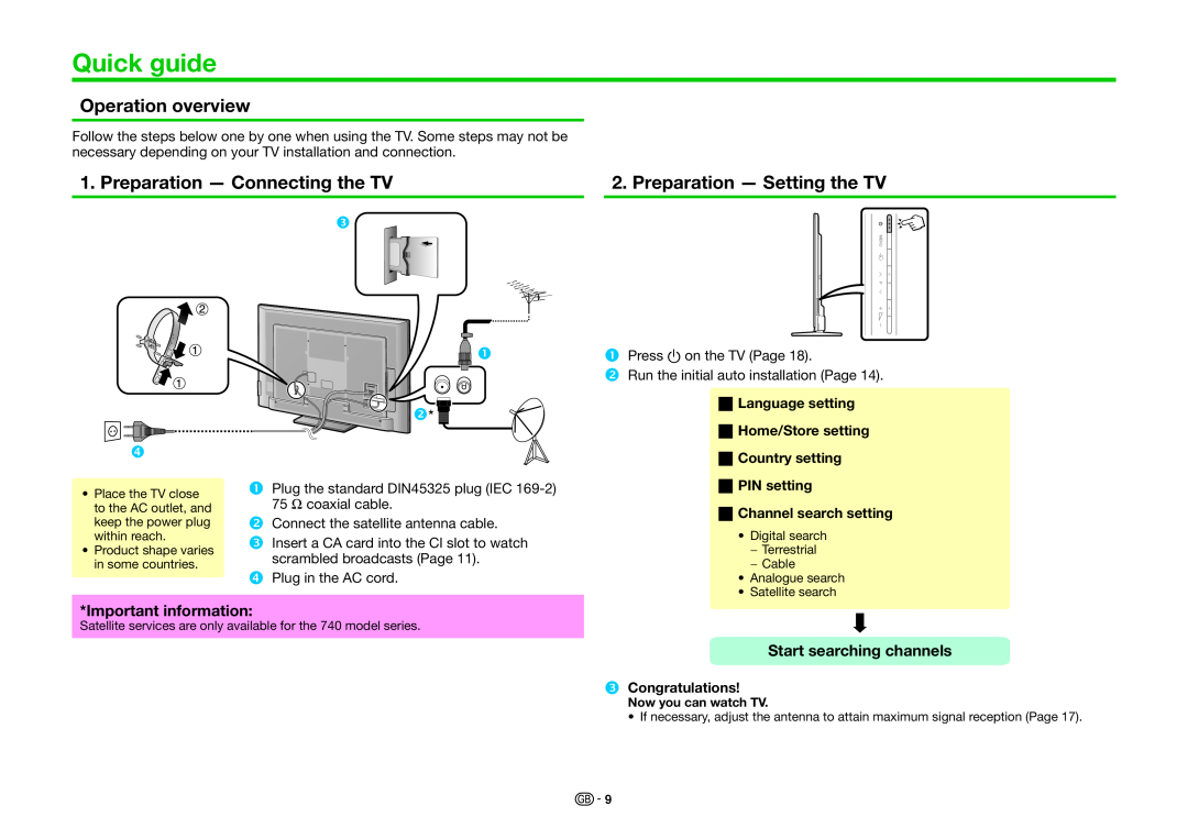 Sharp LC-60LE740E Quick guide, Operation overview, Preparation - Connecting the TV, Preparation - Setting the TV 