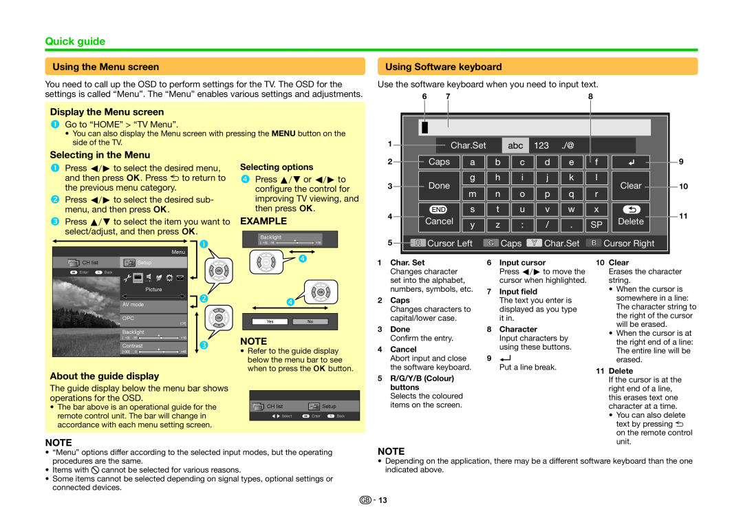 Sharp LC-60LE741E Using the Menu screen, Display the Menu screen, Using Software keyboard, Selecting in the Menu, Example 