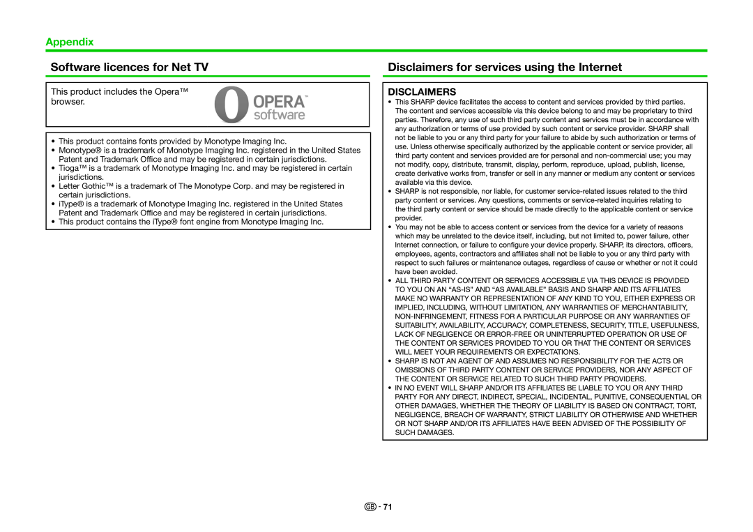 Sharp LC-70LE740RU Software licences for Net TV, Disclaimers for services using the Internet, Appendix, browser 