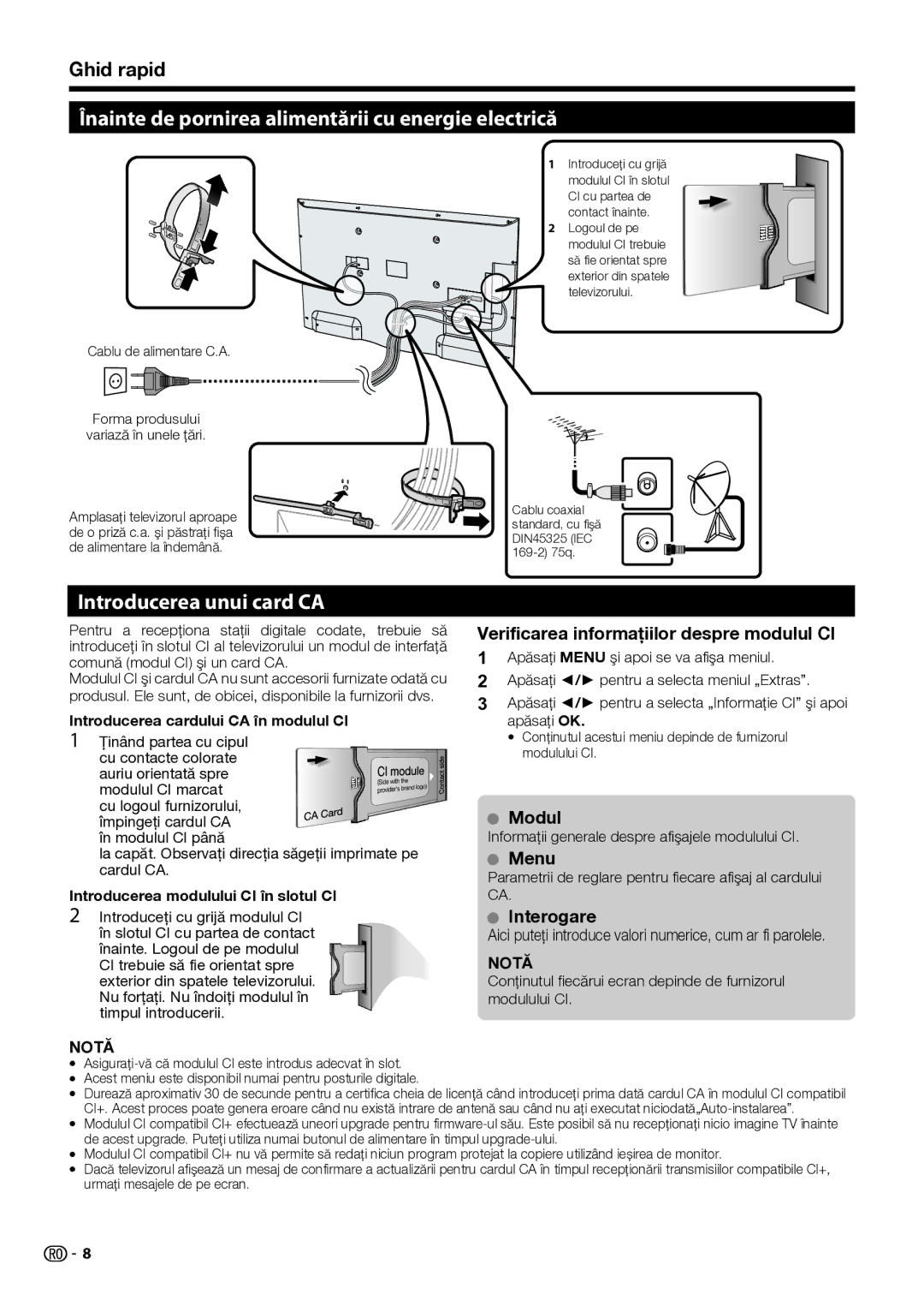 Sharp LC-50LE752E/V Înainte de pornirea alimentării cu energie electrică, Introducerea unui card CA, Ghid rapid 