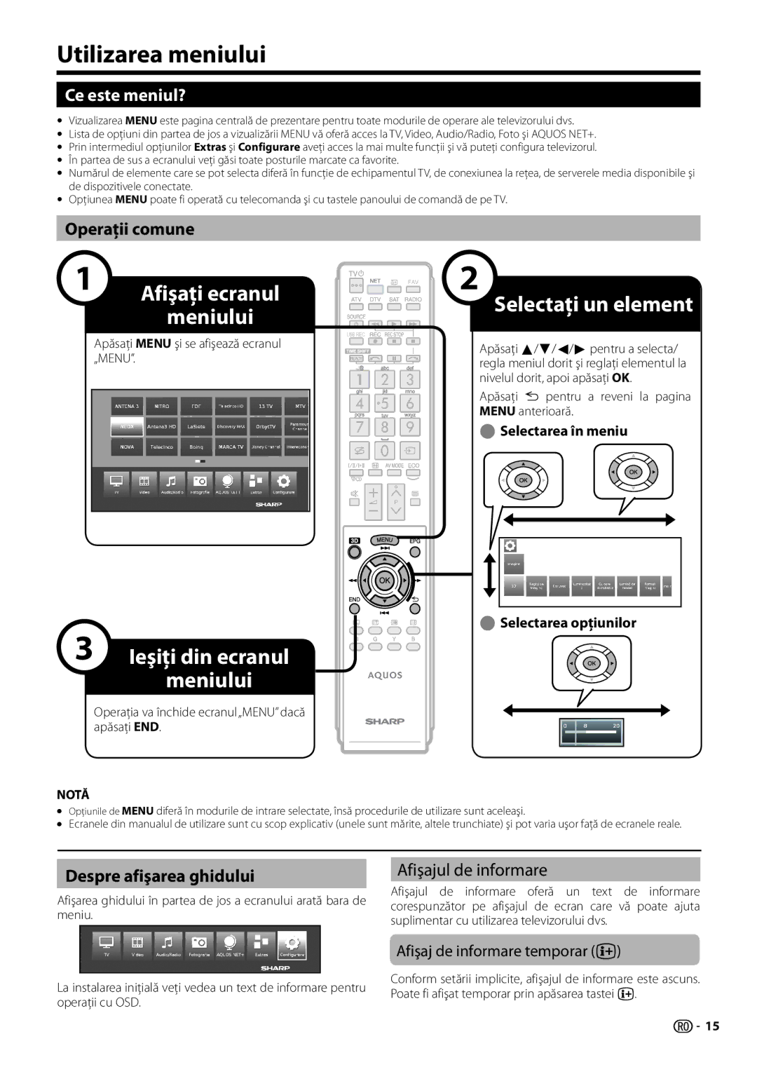 Sharp LC-39LE750E/V, LC-70LE754E Utilizarea meniului, Ce este meniul?, Operaţii comune, Despre afişarea ghidului 