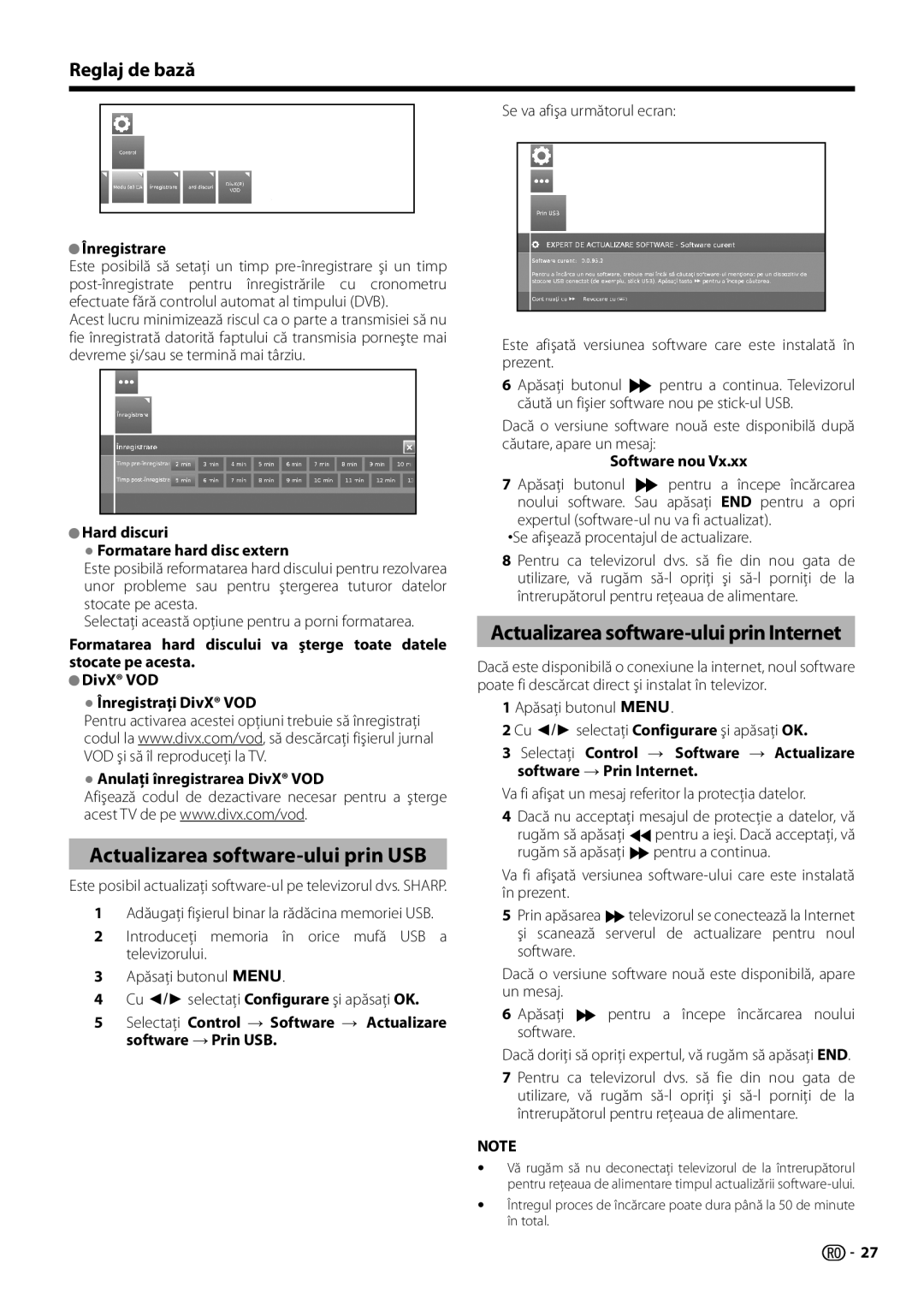 Sharp LC-60LE752E, LC-70LE754E Actualizarea software-ului prin USB, Actualizarea software-ului prin Internet, Înregistrare 