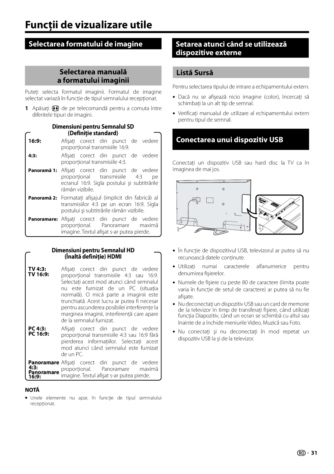 Sharp LC-50LK752E, LC-70LE754E, LC-70LE752E Funcţii de vizualizare utile, Selectarea formatului de imagine, Listă Sursă 