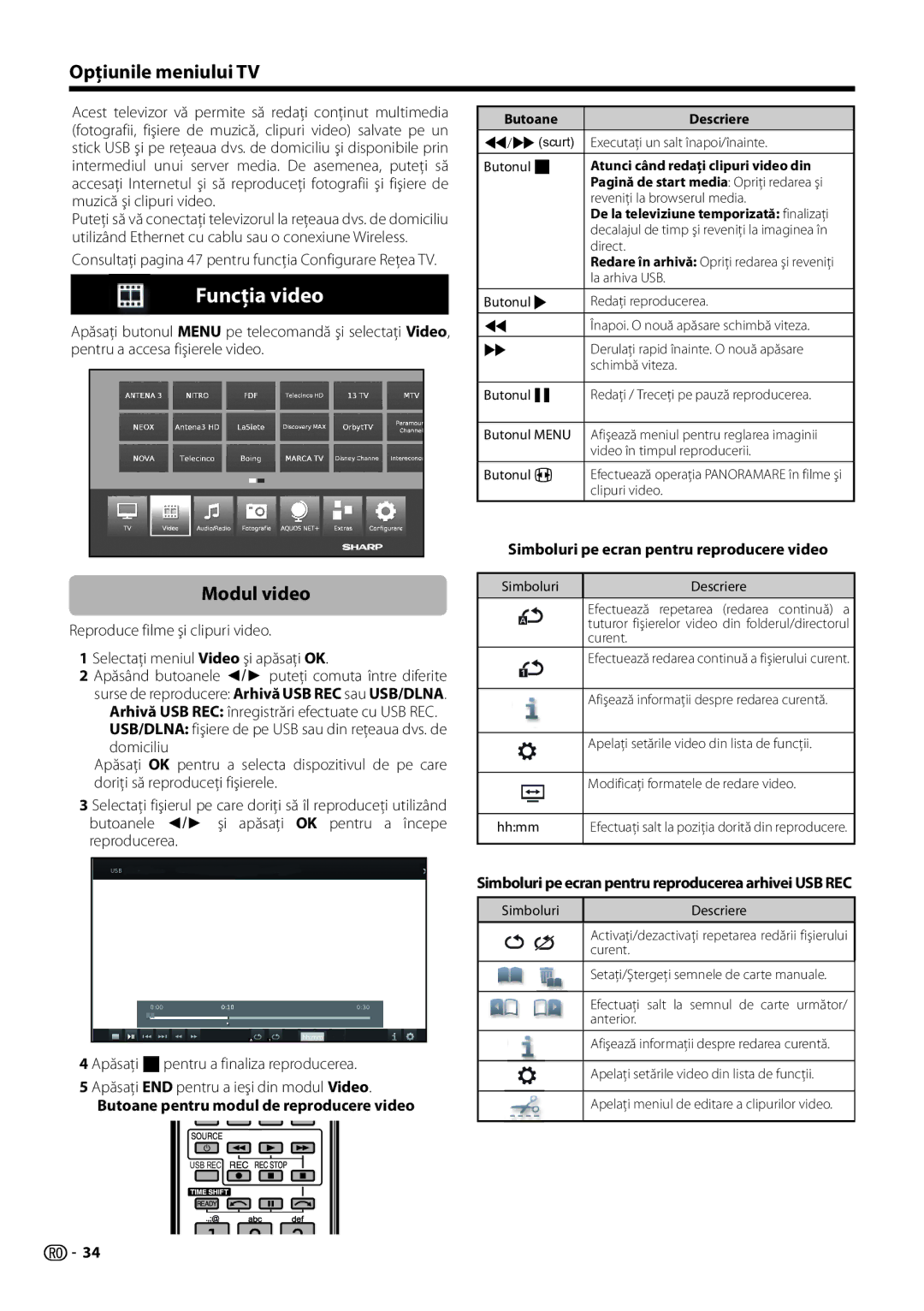 Sharp LC-50LE754E/V, LC-70LE754E, LC-70LE752E Funcţia video, Modul video, Simboluri pe ecran pentru reproducere video 