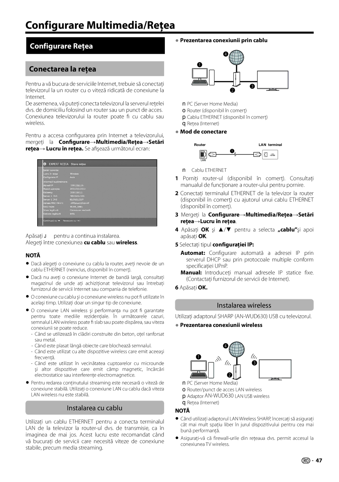 Sharp LC-70LE752E, LC-70LE754E, LC-60LX752E Configurare Multimedia/Reţea, Configurare Reţea, Conectarea la reţea 