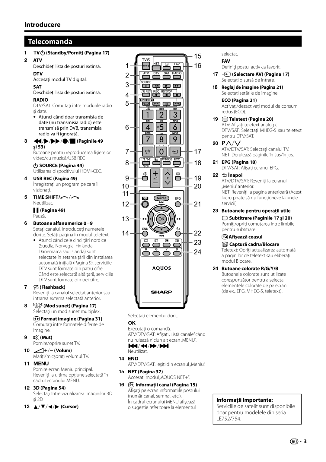 Sharp LC-60LE752E, LC-70LE754E, LC-70LE752E, LC-60LX752E, LC-60LE751E/K Telecomanda, Introducere, Informaţii importante 