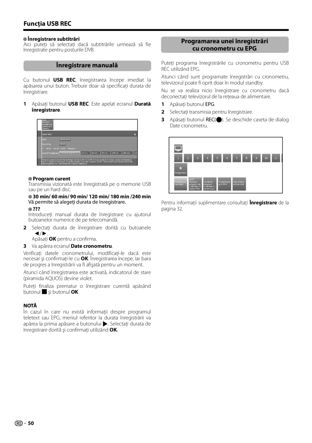 Sharp LC-60LM752E Funcţia USB REC, Înregistrare manuală, Programarea unei înregistrări Cu cronometru cu EPG, ??? 