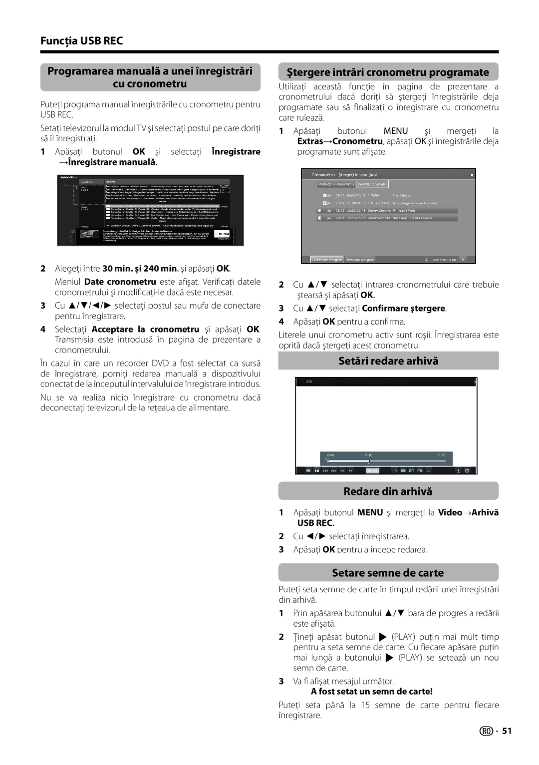 Sharp LC-60LE752E Ştergere intrări cronometru programate, Setări redare arhivă Redare din arhivă, Setare semne de carte 