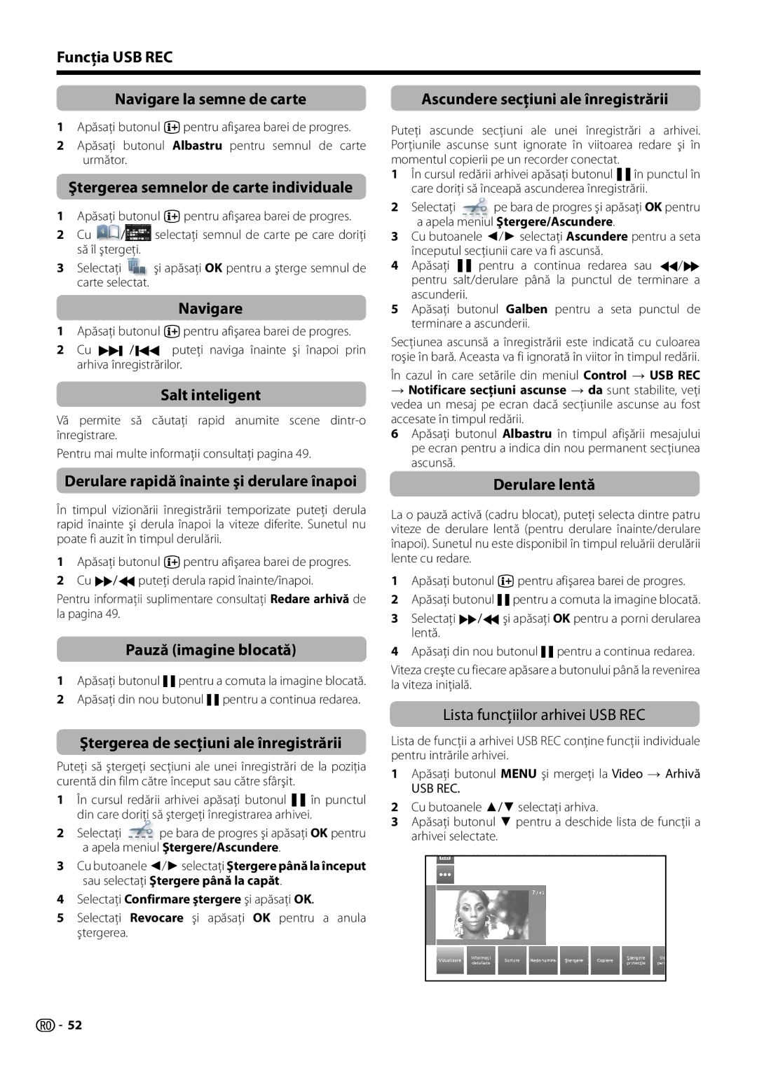 Sharp LC-50LU751E Funcţia USB REC Navigare la semne de carte, Ştergerea semnelor de carte individuale, Salt inteligent 