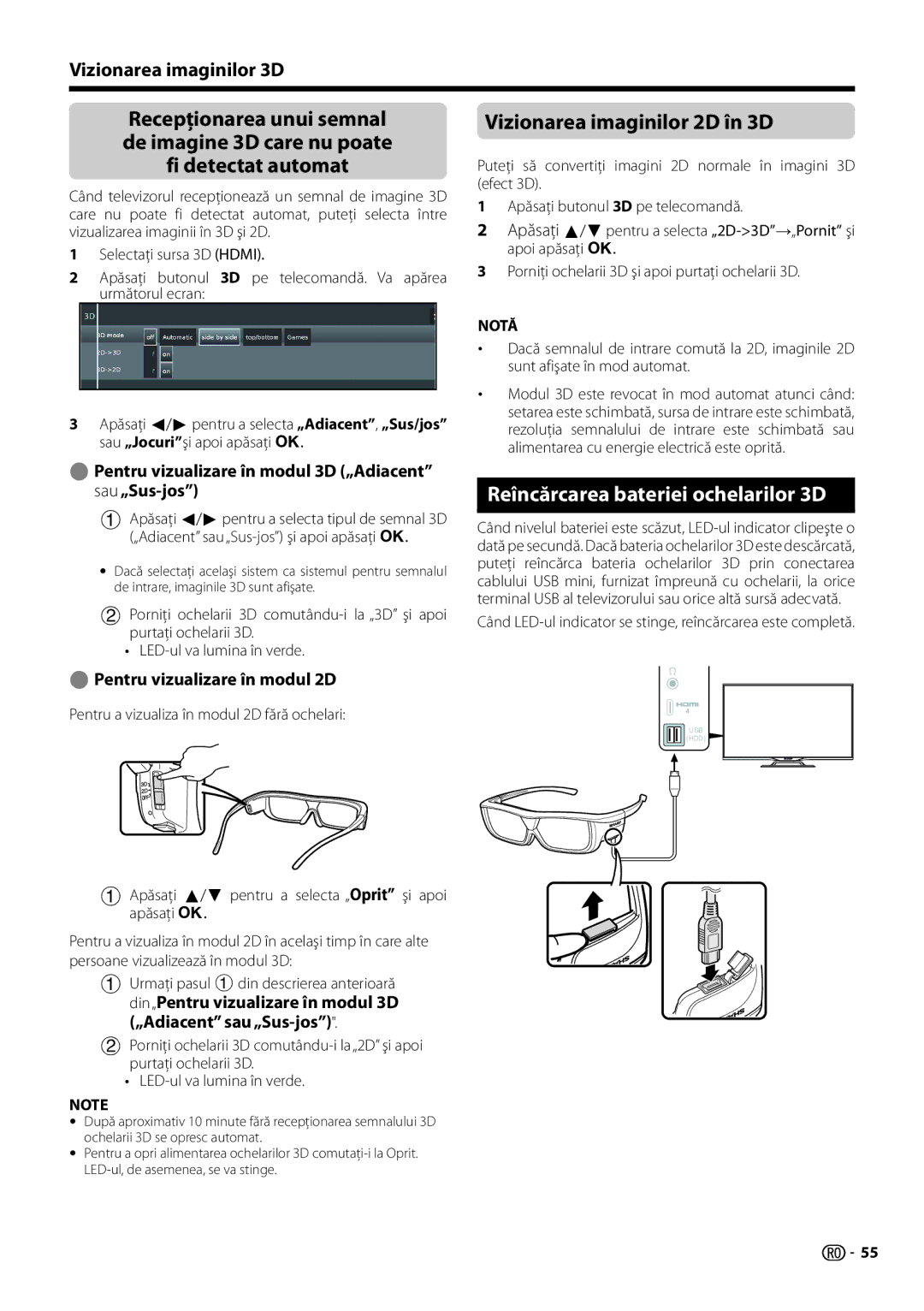 Sharp LC-50LK752E Vizionarea imaginilor 2D în 3D, Reîncărcarea bateriei ochelarilor 3D, Pentru vizualizare în modul 2D 