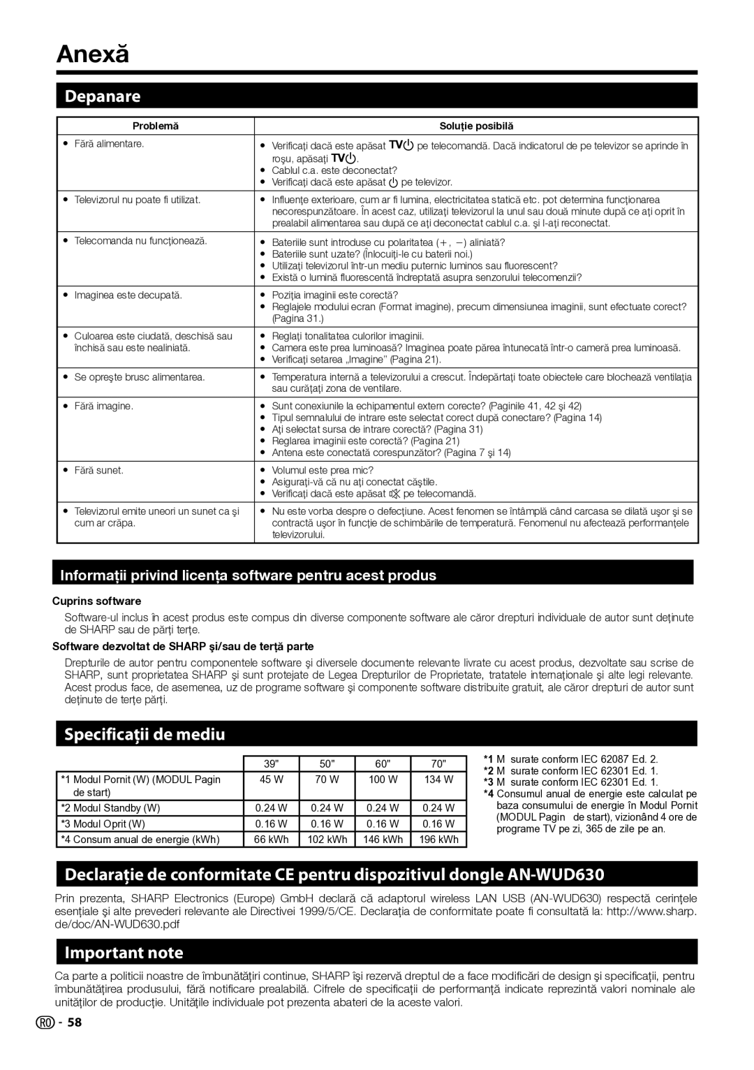 Sharp LC-50LE754E/V, LC-70LE754E, LC-70LE752E, LC-60LX752E Anexă, Depanare, Specificaţii de mediu, Cuprins software 