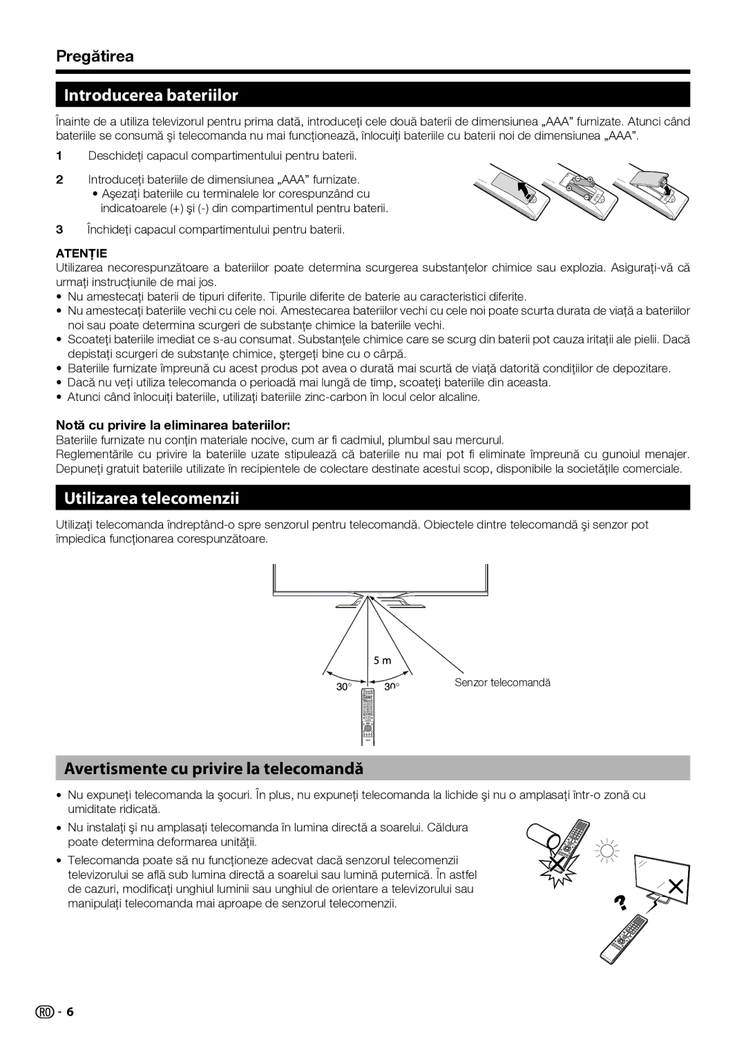 Sharp LC-50LX752E Introducerea bateriilor, Utilizarea telecomenzii, Avertismente cu privire la telecomandă, Pregătirea 