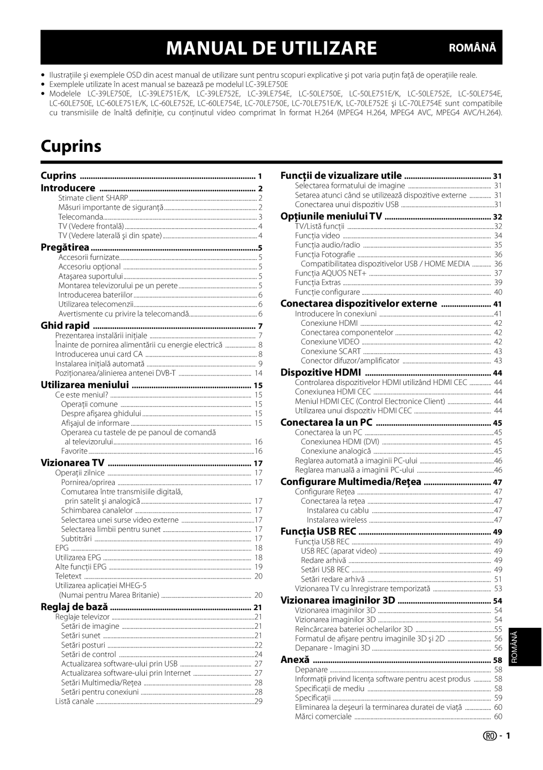 Sharp LC-60LE751E/K Cuprins, Manual De Utilizare, Română, Introducere, Pregătirea, Ghid rapid, Utilizarea meniului, Anexă 
