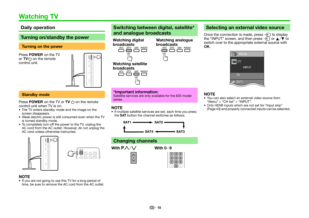 Sharp LC-70LE836E Watching TV, Daily operation Turning on/standby the power, Selecting an external video source 