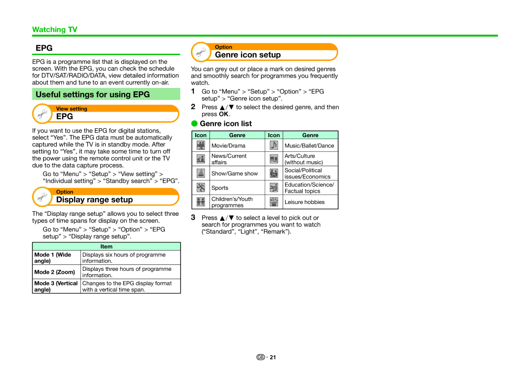 Sharp LC-70LE835E Useful settings for using EPG, Display range setup, Genre icon setup, Genre icon list, Icon Genre 