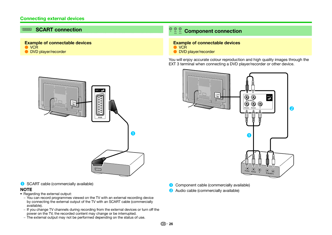 Sharp LC-70LE835RU, LC-70LE836E, LC-70LE836S, LC-70LE835E operation manual Scart connection, C R Component connection 