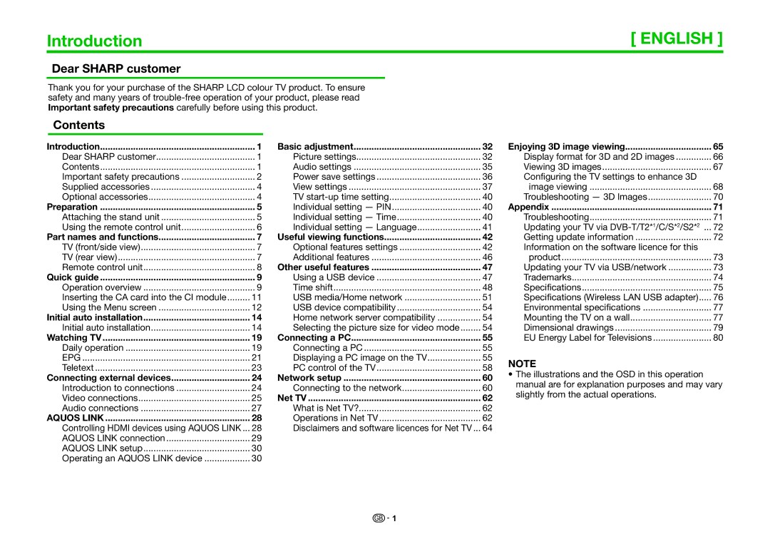 Sharp LC-70LE835E, LC-70LE835RU, LC-70LE836E, LC-70LE836S operation manual Introduction, Dear Sharp customer, Contents 