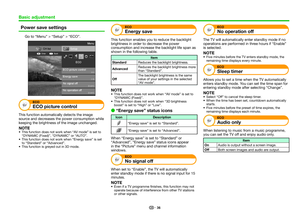 Sharp LC-70LE836S Power save settings, ECO picture control, Energy save, No signal off, No operation off, Sleep timer 