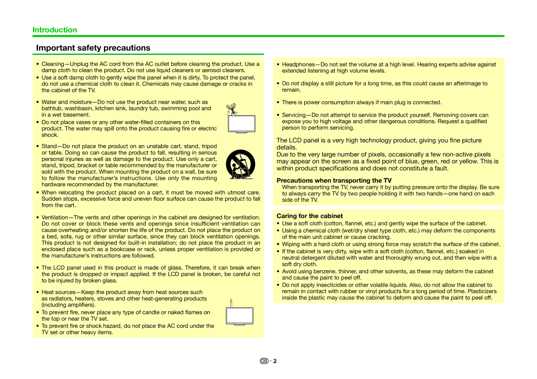 Sharp LC-70LE835RU, LC-70LE836E Important safety precautions, Precautions when transporting the TV, Caring for the cabinet 