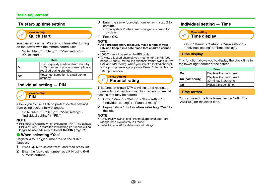 Sharp LC-70LE836S TV start-up time setting, Quick start, Individual setting PIN, Parental rating, Individual setting Time 