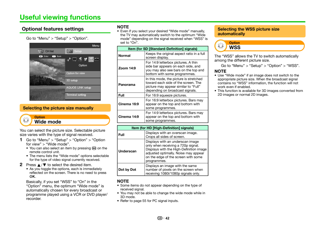 Sharp LC-70LE835RU Useful viewing functions, Optional features settings, Wide mode, Selecting the picture size manually 