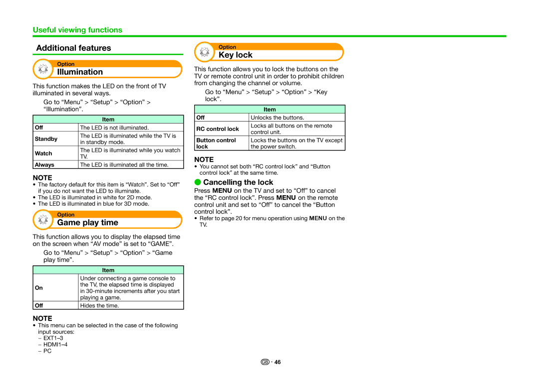 Sharp LC-70LE835RU, LC-70LE836E Additional features, Illumination, Game play time, Key lock, Cancelling the lock 