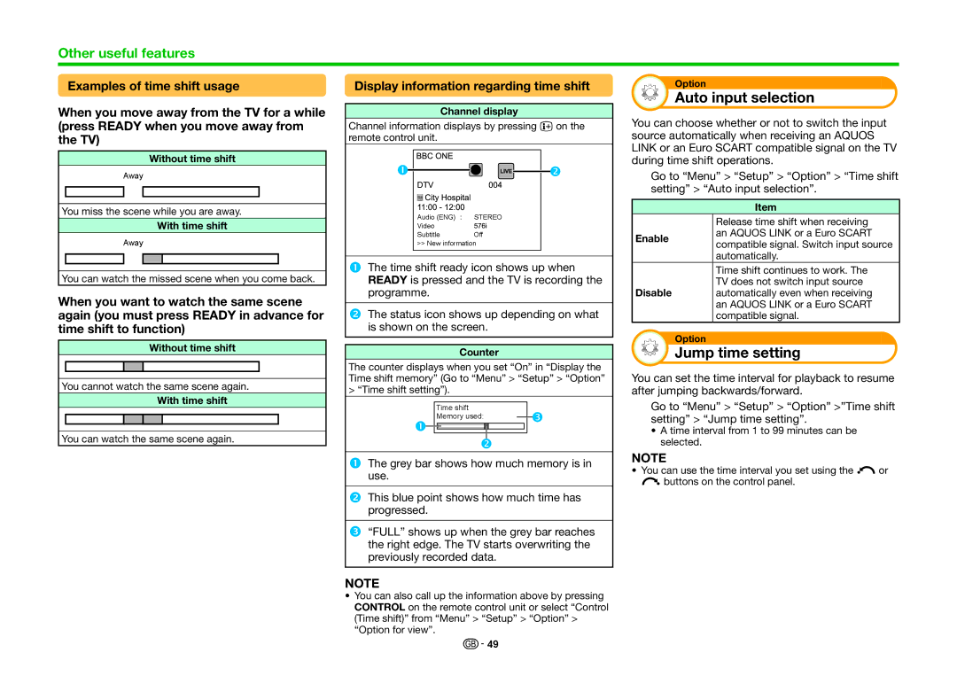 Sharp LC-70LE835E, LC-70LE835RU Auto input selection, Jump time setting, Display information regarding time shift 