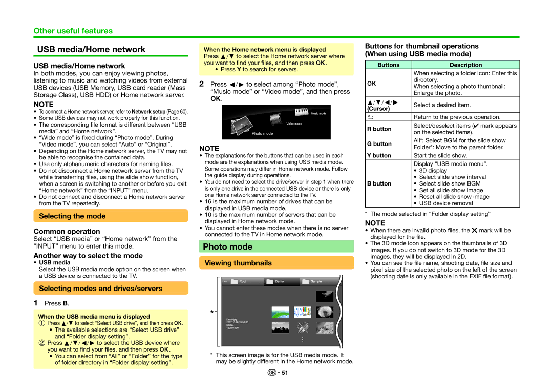 Sharp LC-70LE836E, LC-70LE835RU, LC-70LE836S, LC-70LE835E operation manual USB media/Home network, Photo mode 